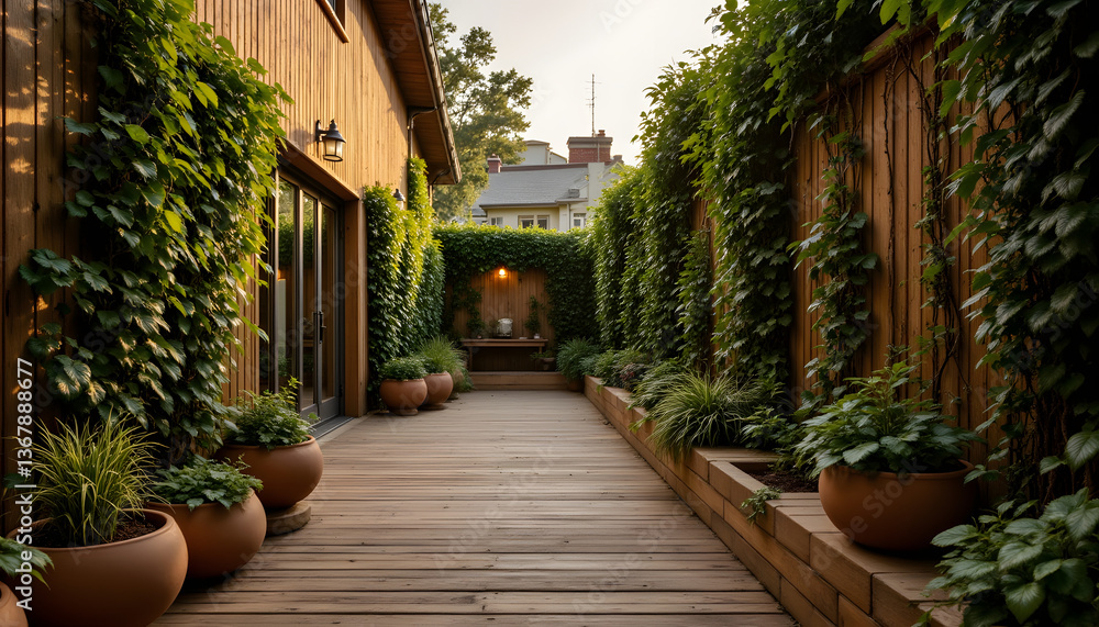 Naklejka premium A wooden deck is flanked by a building and a fence covered with vines. Potted plants are placed along the deck