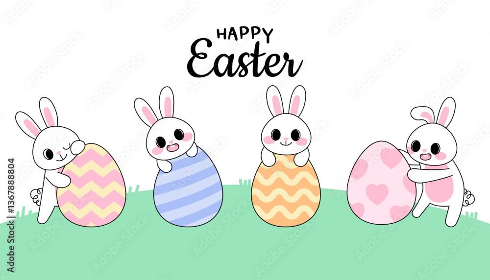 Cute Easter Bunny Banner Pastel Spring Rabbit and Egg Landscape Poster for Holiday. Cute Easter Bunny Banner Pastel Spring Rabbit and Egg Landscape Poster for Holiday.