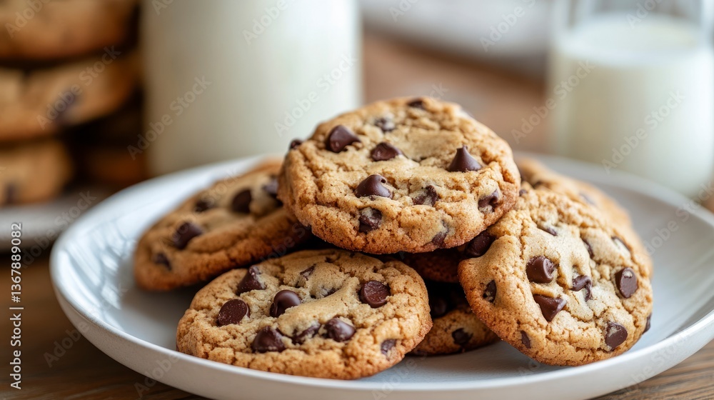 Pile of Chocolate Chip Cookies and Milk on Wooden Table Pile of Chocolate Chip Cookies and Milk on Wooden Table