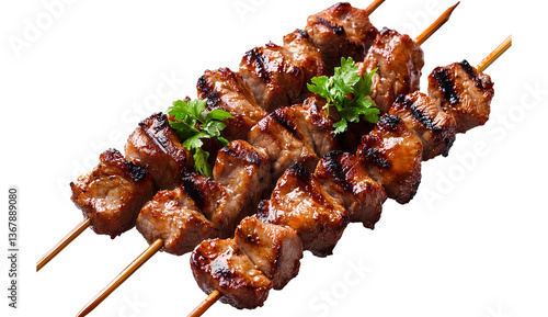 Grilled meat on a skewer, transparent background PNG file