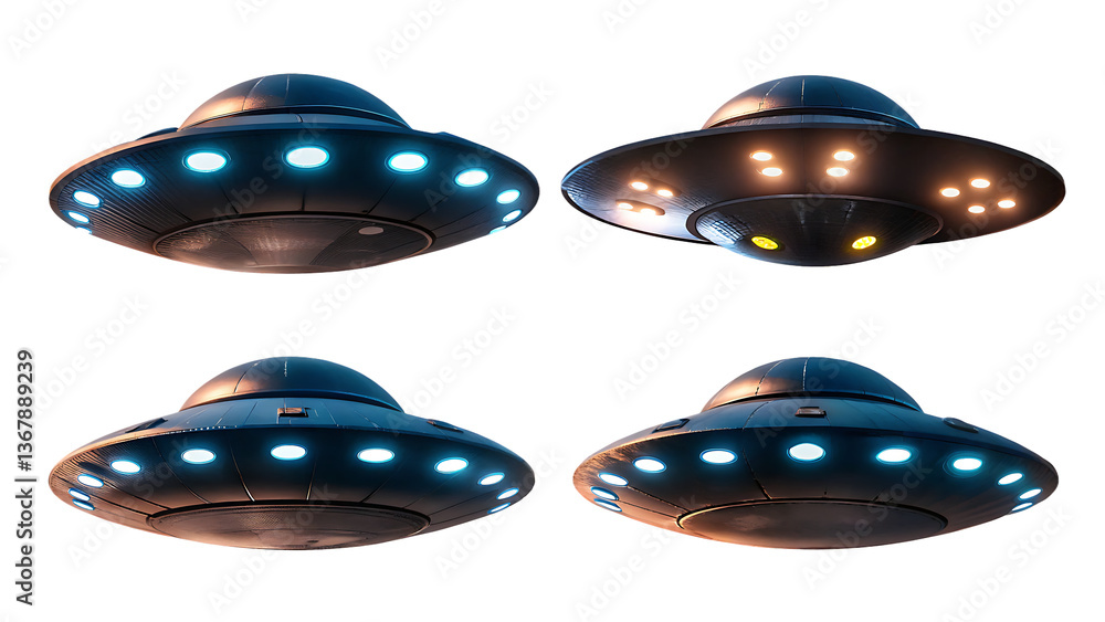 Set of ufo isolated on white background PNG. GENERATIVE AI Set of ufo isolated on white background PNG. GENERATIVE AI