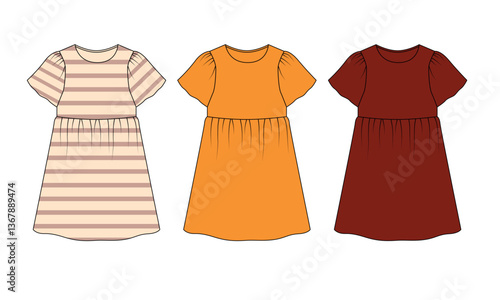Collection of short sleeve dresses drawings for girls, vector. Sketch of striped, yellow, red color dresses for kids. Basic summer dress template for girls.