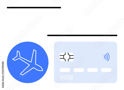 Blue airplane icon and light blue contactless credit card with chip graphics. Ideal for travel, rewards programs, finance, cashless payments, technology, transportation, and abstract line flat