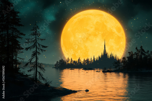 A surreal horizon where the sun is a glowing AI core, casting golden light over a harmonious,