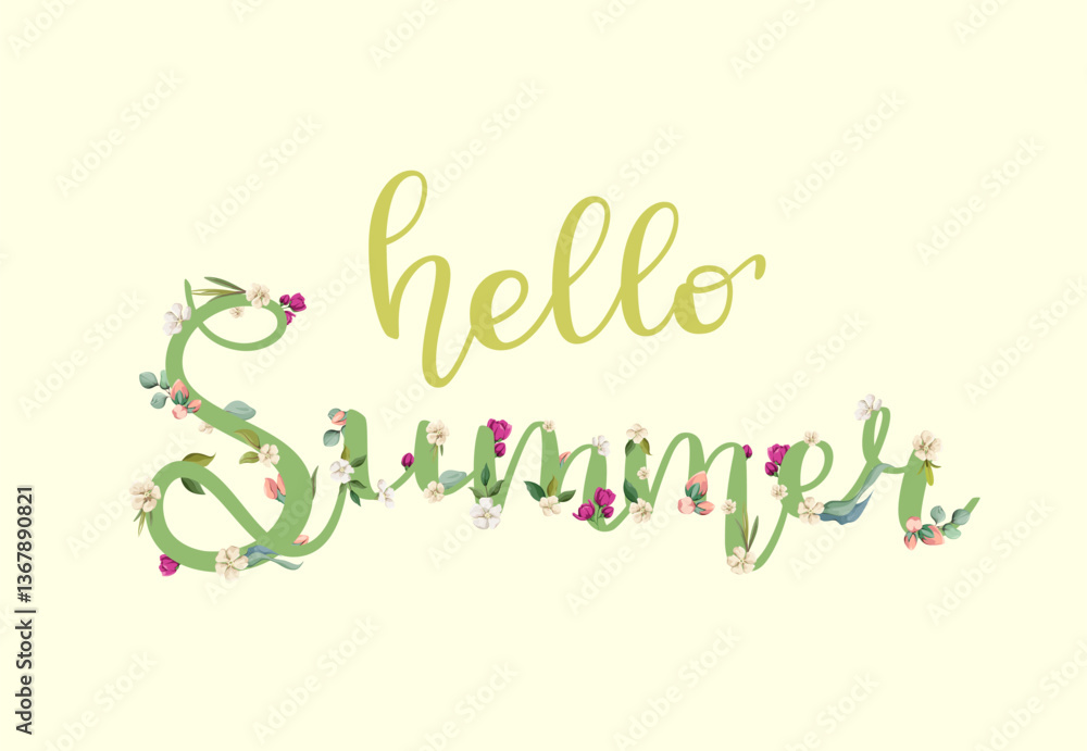 Obraz premium Hello summer. Lettering with flowers. Vector. 