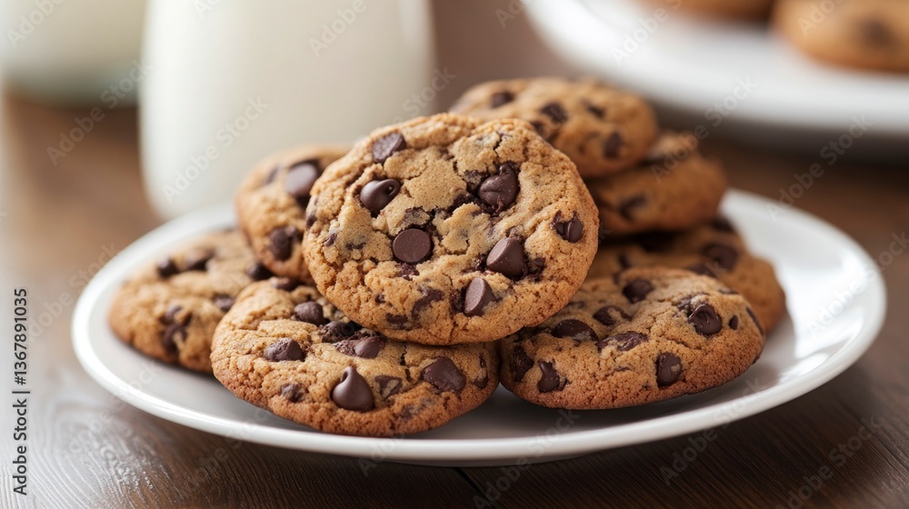 Chocolate Chip Cookies Served with Cold Milk for Sweet Treat Chocolate Chip Cookies Served with Cold Milk for Sweet Treat