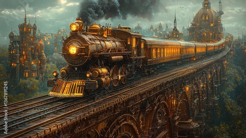 Steampunk train on a bridge