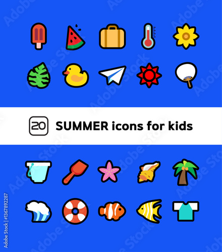Black line icon CUTE season summer icon set for kids