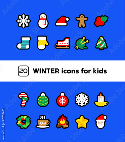 Black line icon CUTE season Winter icon set for kids 