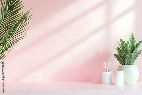 Pastel pink studio table provides a minimalist backdrop for showcasing products.