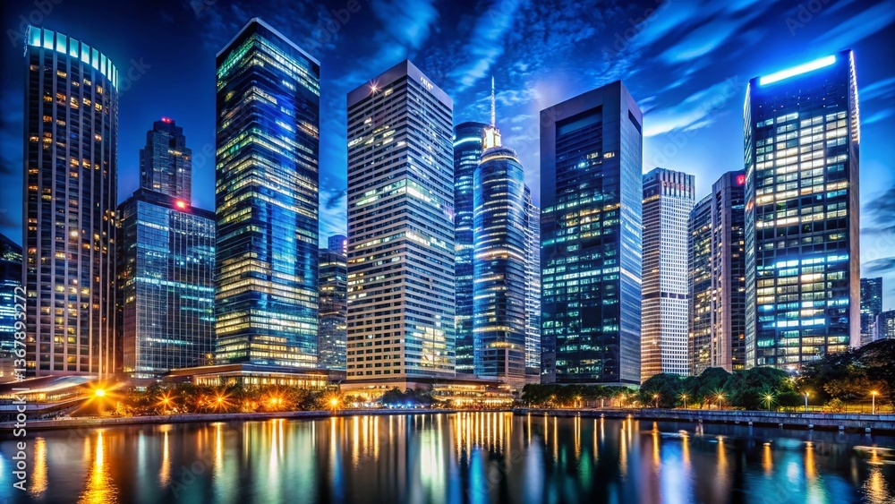 Obraz premium Night Cityscape Business District - Illuminated Skyscrapers and Modern Architecture