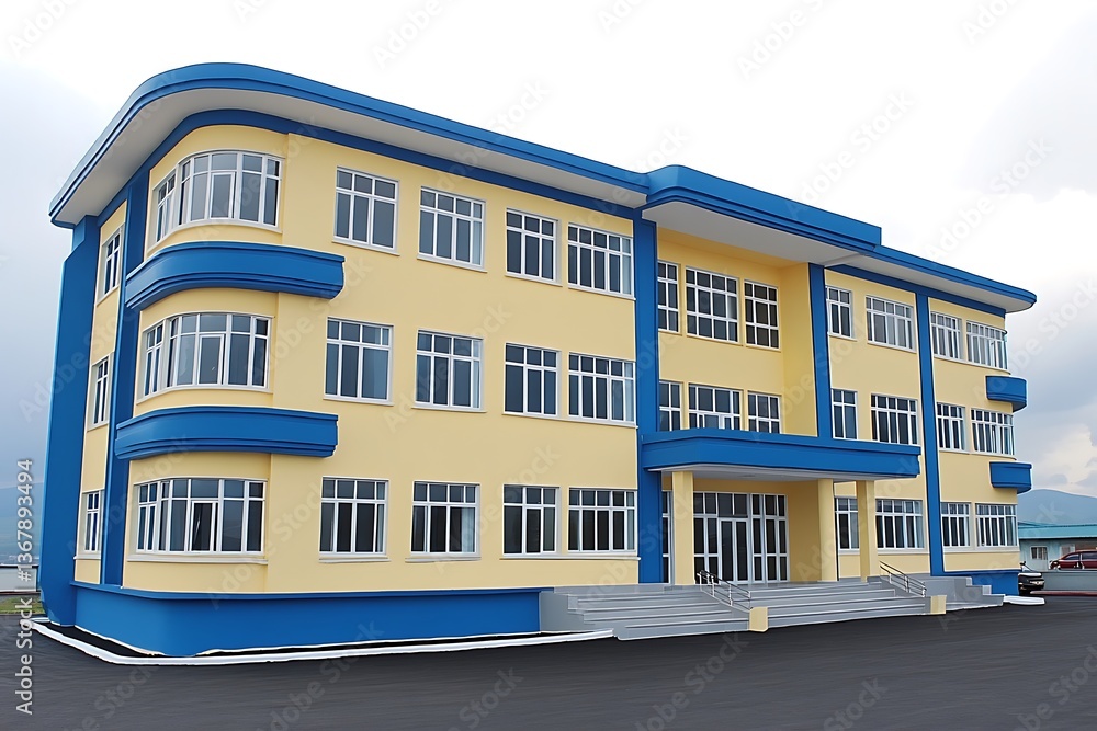 Fototapeta premium Modern architectural building with a blue trim and many windows