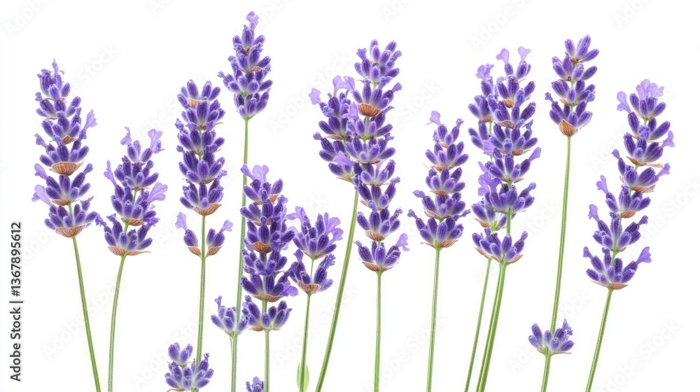 Naklejka premium Lavender Flower Stems on White Background Fresh Purple Blossom