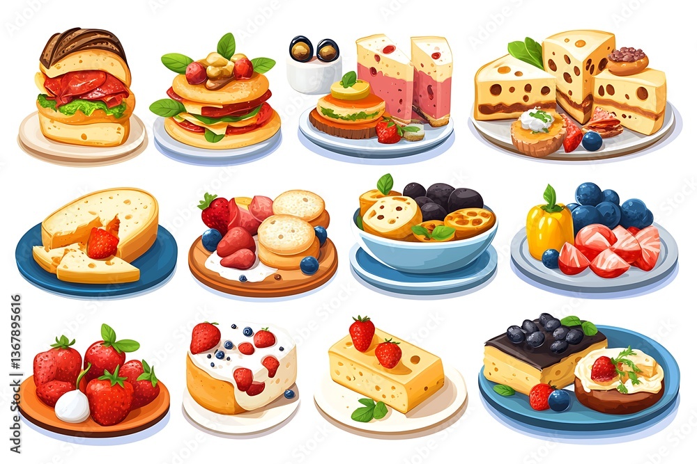 Various delicious food arrangements presented on plates in a close up view Various delicious food arrangements presented on plates in a close up view
