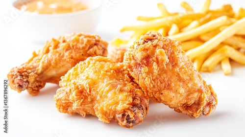 fried chicken wings with side of curly fries, hyper-realistic photo style, on a light wooden table, bold and flavorful mood