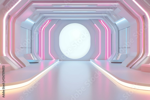 A futuristic 3D room with a white background, neon lights, and modern design, creating an abstract space for product showcases.