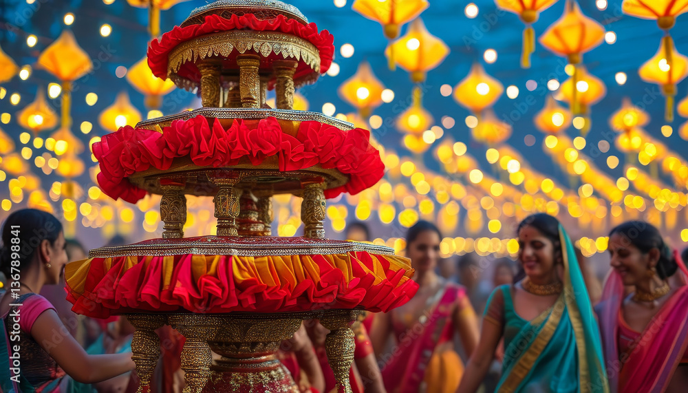 Obraz premium Navaratri product display background podium, Dandiya Utsav, red and gold fabric, lively Garba and Dandiya celebration, colorful chaniya cholis, kediyu jackets, energy, joy, podium platform