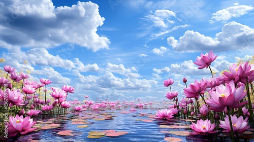 Pink Lotus Flowers on a Calm Lake Under a Blue Sky