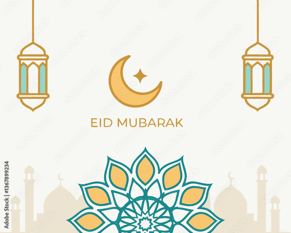 Elegant Eid Mubarak Design with Golden Moon, Teal Lanterns, and Mosque. Elegant Eid Mubarak Design with Golden Moon, Teal Lanterns, and Mosque.