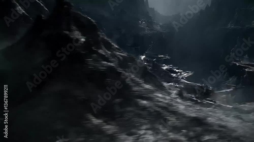 Wallpaper Mural Fast aerial flight reveals dark ruined structures perched above deep jagged desolate canyon landscape Torontodigital.ca