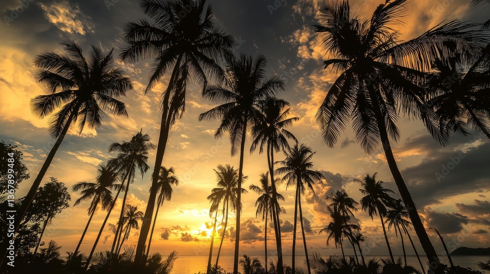 Fototapeta premium Tropical Sunset Silhouette with Palm Trees Overlooking the Ocean