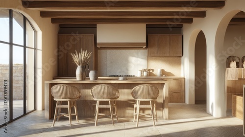 Wallpaper Mural A modern farmhouse-style kitchen with rattan chairs, wooden beams, and vintage ceramic decor. Torontodigital.ca