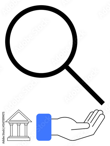 Magnifying glass above bank icon and open hand conveying financial transparency, analysis, and institutional support. Ideal for finance, charity, scrutiny, economy, reliability, analysis flat simple