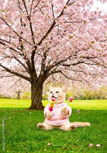 A cat eating a dumpling near a cherry tree in full bloom　満開の桜の木の場所でお団子を食べる猫