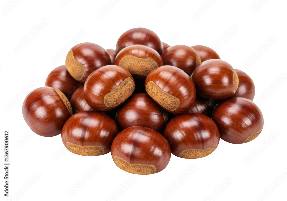 A pile of whole brown chestnuts with shiny shells isolated on transparent background A pile of whole brown chestnuts with shiny shells isolated on transparent background