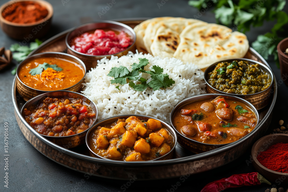 an Indian thali, with a variety of colorful curries, dal, rice, roti, and pickles, served on a traditional metal platter, surrounded by spices and herbs, warm natural light illuminating the table an Indian thali, with a variety of colorful curries, dal, rice, roti, and pickles, served on a traditional metal platter, surrounded by spices and herbs, warm natural light illuminating the table