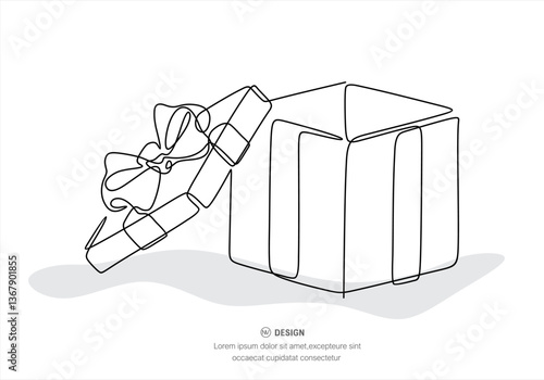 Single one line drawing open white gift box with ribbon and bow. Template design for surprise, celebration event, presents, birthday. 