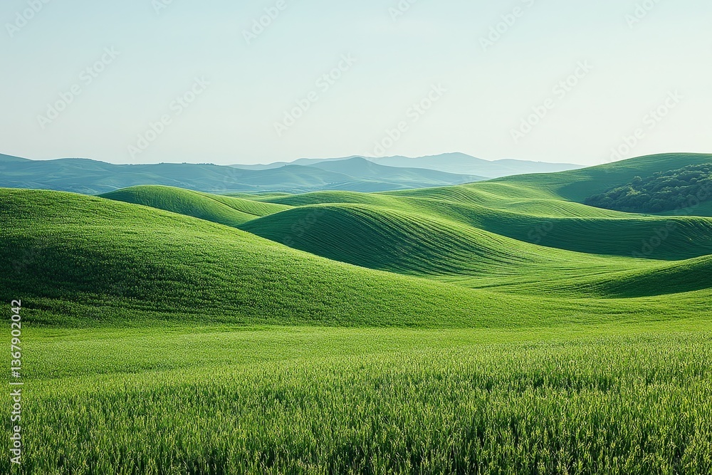 Fototapeta premium Rolling Green Hills Under a Blue Sky With Soft Clouds Create a Peaceful Landscape in a Tranquil Setting Perfect for Relaxation and Nature Appreciation