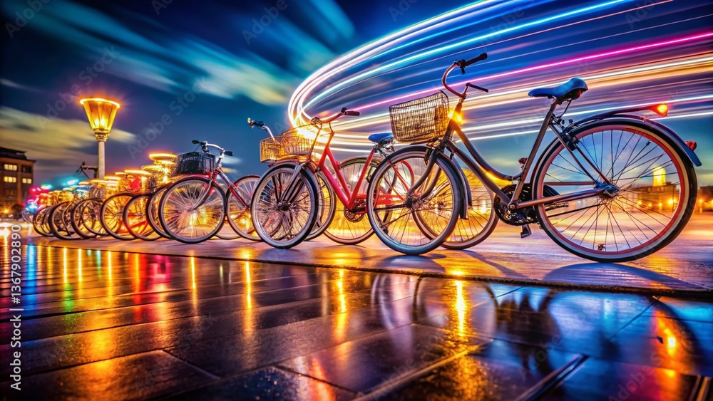 Fototapeta premium Night Photography: Spinning Bikes at Rest, Glowing Urban Scene
