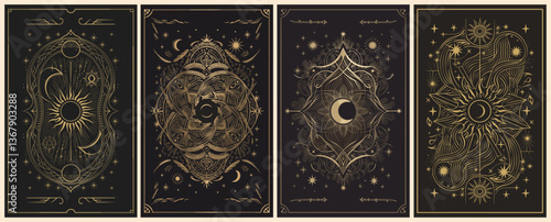 A series of Tarot black and gold cards with a crescent moon, stars and mystical elements on them. Vector illustration
