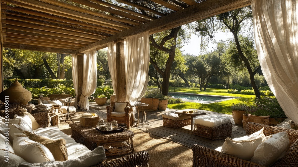 Fototapeta premium A stunning outdoor cabana with rattan seating, sheer drapes, and a wooden pergola for shade.