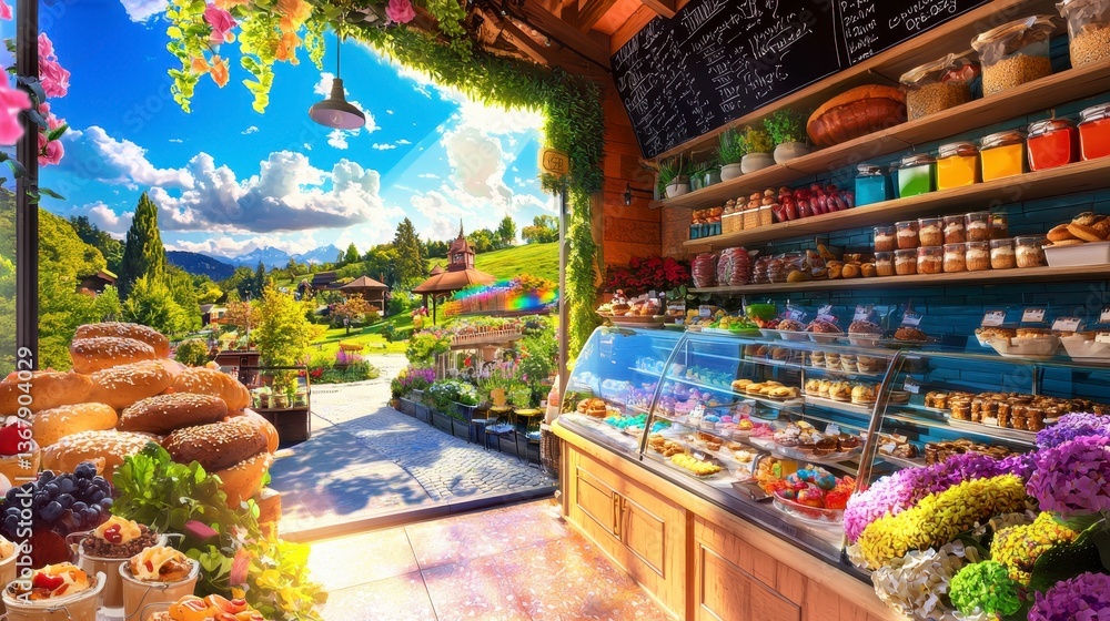Vibrant Bakery Display with Scenic Mountain Background and Flowers Vibrant Bakery Display with Scenic Mountain Background and Flowers