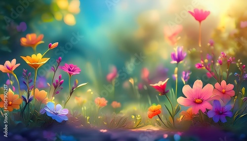 cartoon illustration colorful spring flowers in the garden. 
