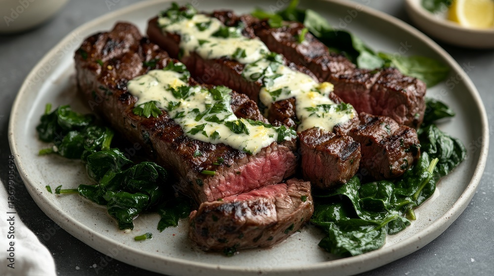Grilled beef fillet paired with a velvety and savory spinach cream sauce Grilled beef fillet paired with a velvety and savory spinach cream sauce