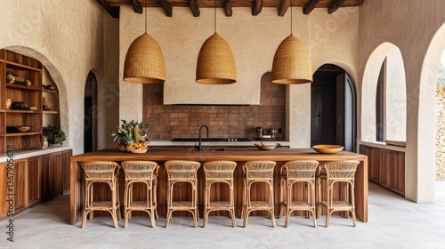 A warm and inviting kitchen with rattan bar stools, wooden countertops, and hanging woven pendant lights.