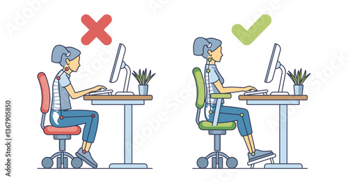 Workplace posture diagram shows correct and incorrect sitting positions with chairs and desks. Outline diagram