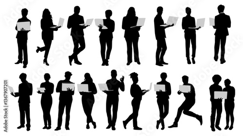 Silhouettes of business people working at laptop, different men and women standing full length with computer. Vector illustration isolated black on white background . Avatar, icons for website