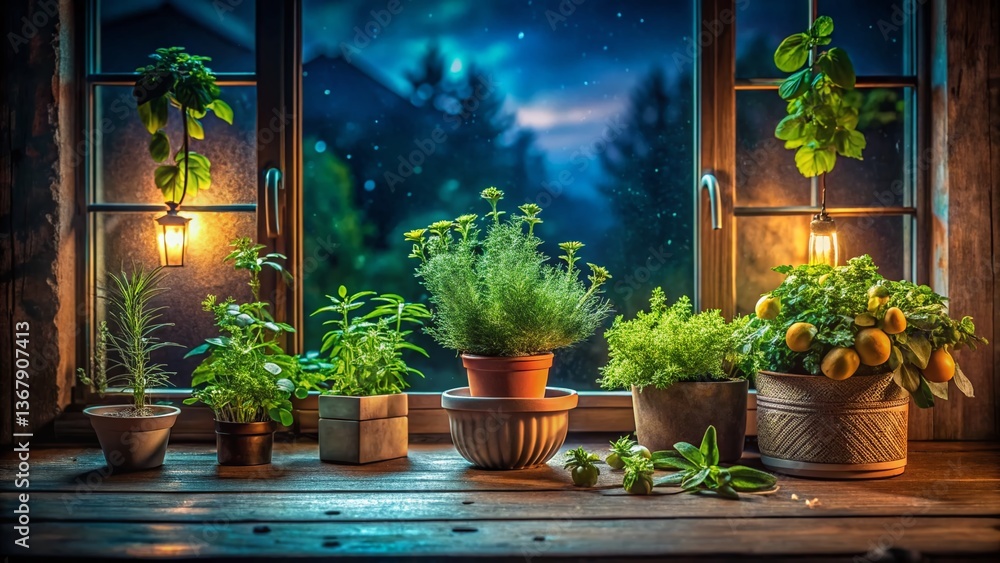 Fototapeta premium Night Windowsill Herb Garden: Aromatic Indoor Plants in Pots