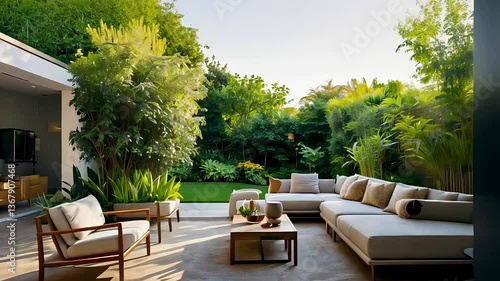 Contemporary outdoor patio with lounge seating and lush garden in sunny backyard