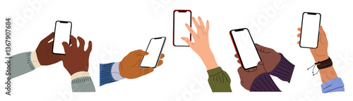 Different Hands holding mobile phones set. Fingers touching, scrolling smartphone screens, using applications. Empty screen, phone mockup. Flat vector illustration isolated
