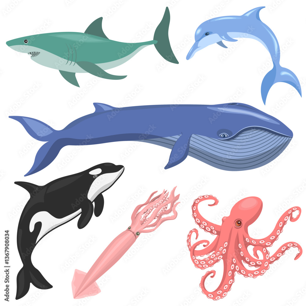 Fototapeta premium Collection of marine animals shark,dolphin,whale,octopus,squid,killer whale,isolated on a white background.Vector set of animals of the seas and oceans.