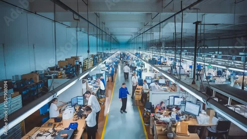 High angle view of busy electronics factory floor with many workers assembling products at stations