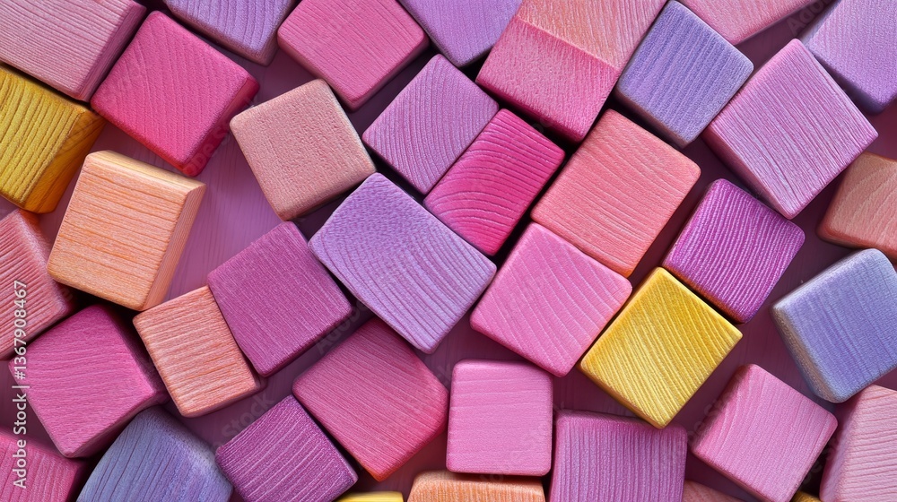 Vibrant blocks of color rest on planks of wood that have been painted a playful pink Vibrant blocks of color rest on planks of wood that have been painted a playful pink