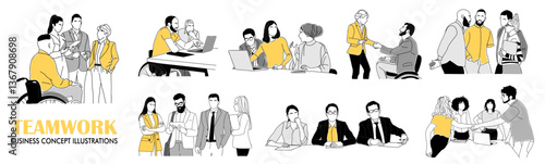 Set of illustrations of different men and women working in office. Inclusive Business concept. Modern vector simple outline style drawings for graphic and web design. Isolated