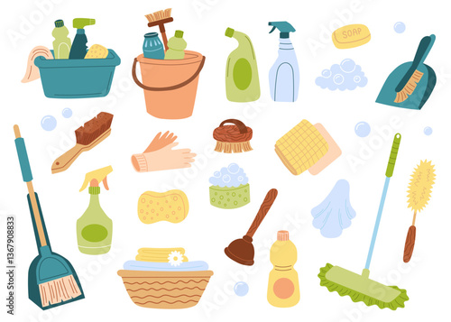 Stock vector cleaning supplies set.