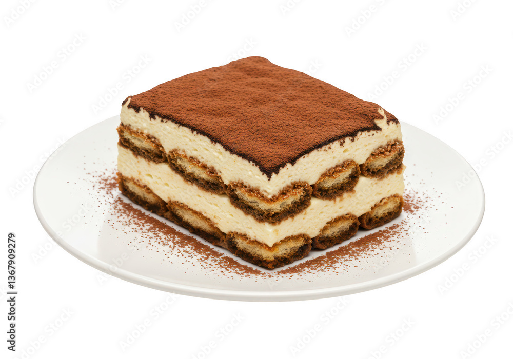 A slice of classic tiramisu on a white plate isolated on transparent background A slice of classic tiramisu on a white plate isolated on transparent background